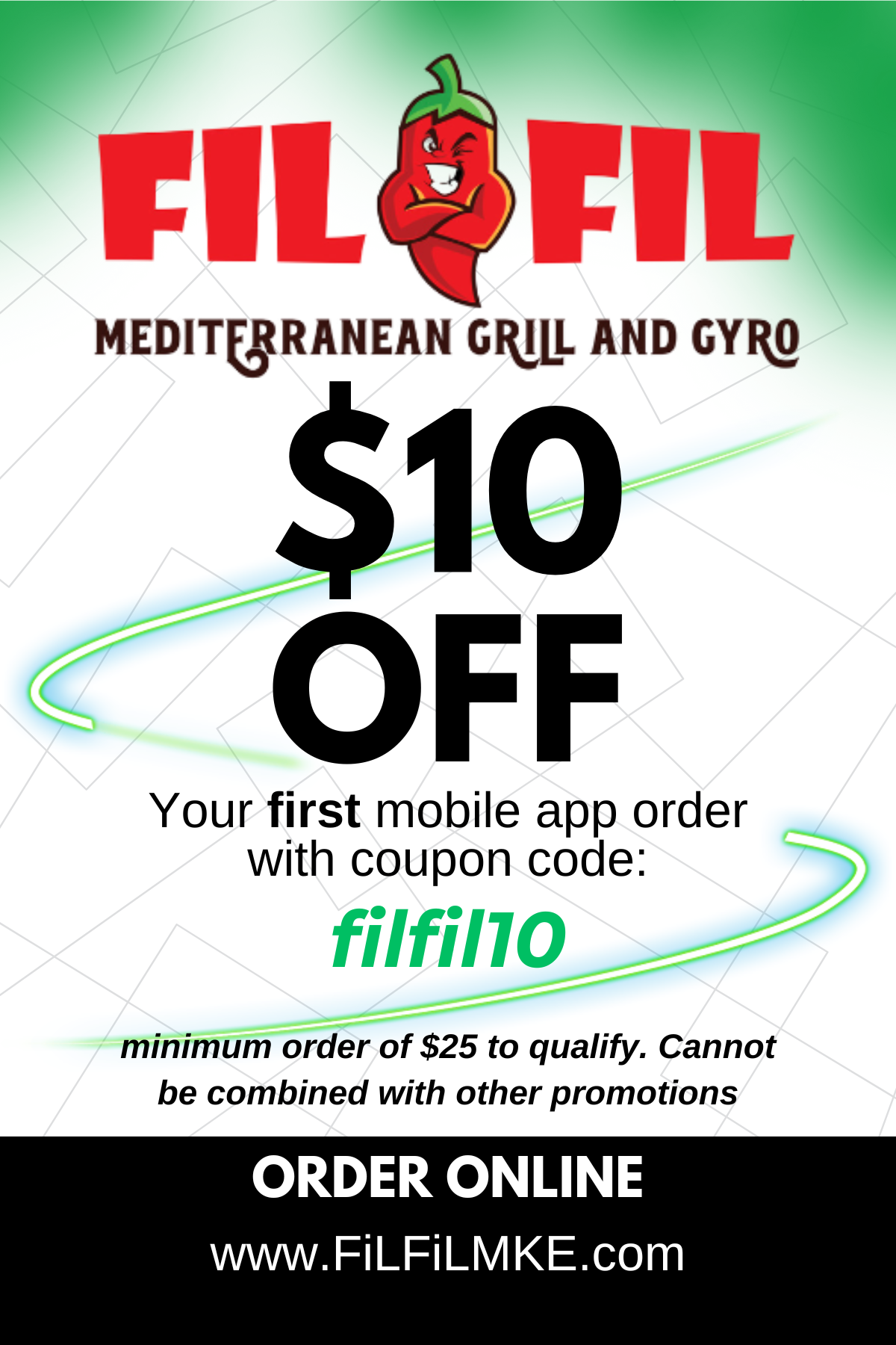 Fil & fil mediterranean grill and gyro is offering a $10 off coupon for their first mobile app order.