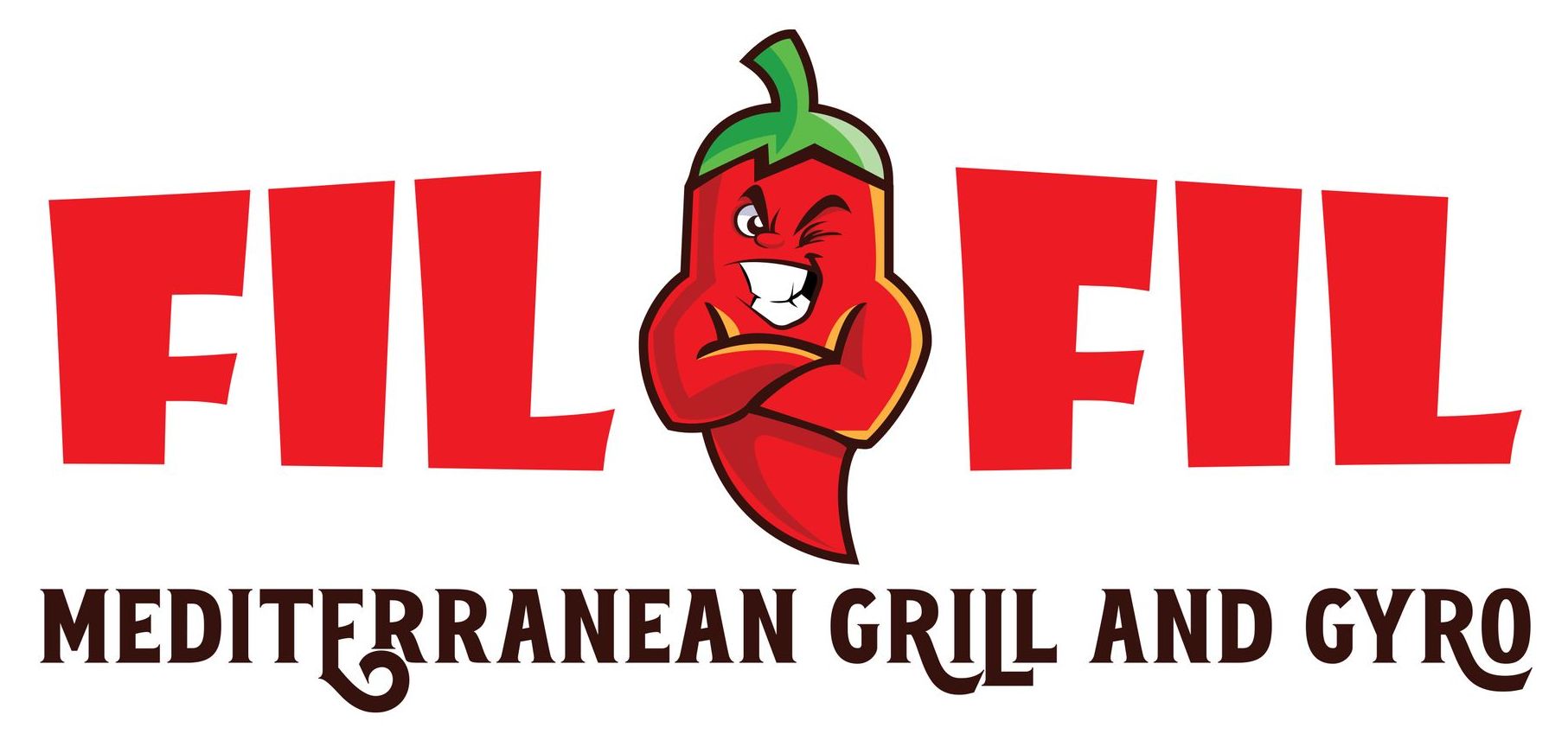 The logo for fil fil mediterranean grill and gyro has a red pepper on it.