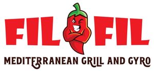 The logo for fil fil mediterranean grill and gyro has a red pepper on it.