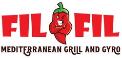 The logo for fil fil mediterranean grill and gyro has a red pepper on it.