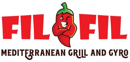 The logo for fil fil mediterranean grill and gyro has a red pepper on it.