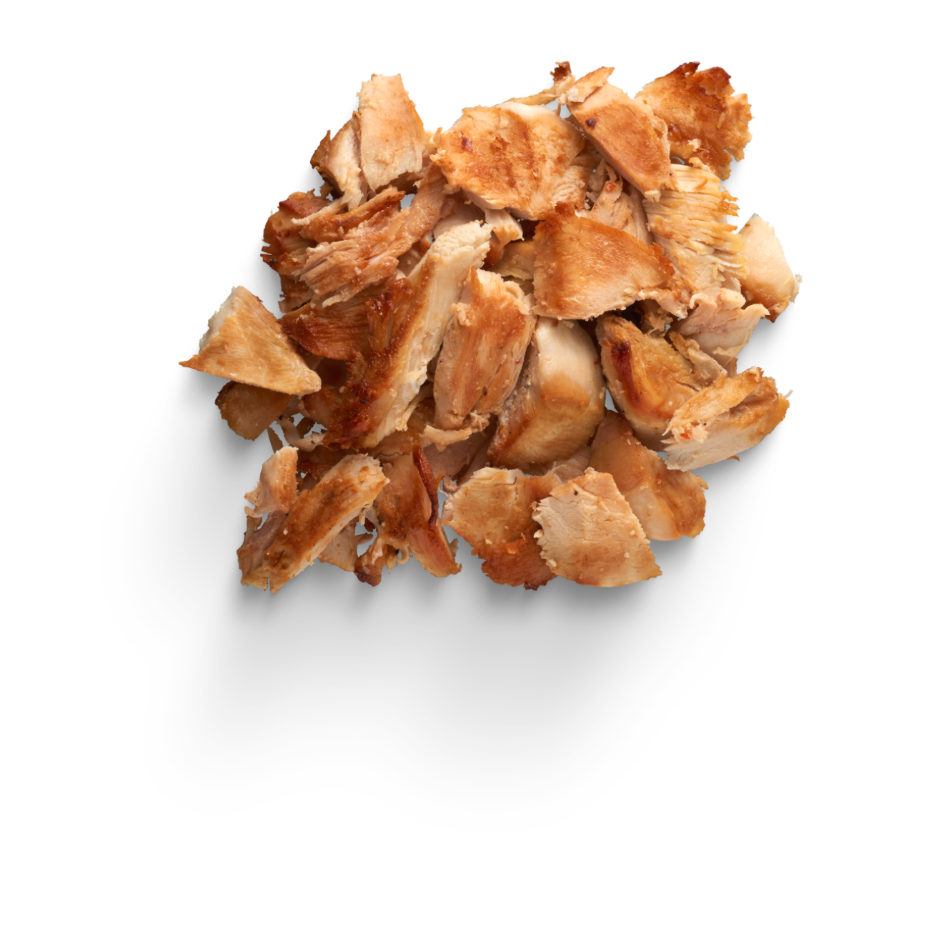 A pile of chopped chicken on a white background