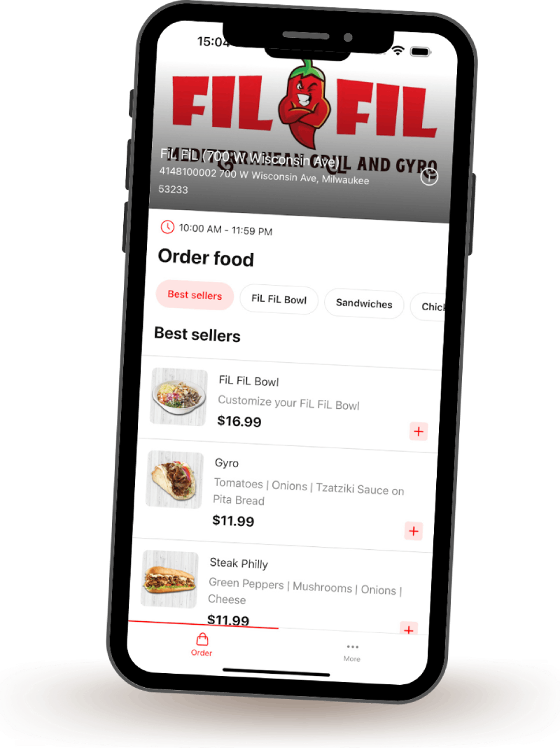 A cell phone with the word filofil on the screen.