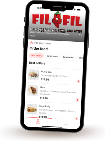 A cell phone with the word filofil on the screen.