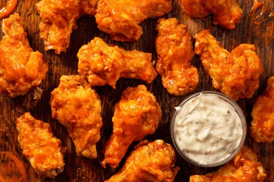 A wooden table topped with fried chicken wings and a bowl of ranch dressing.