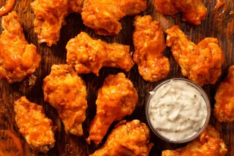 Buffalo wings and dipping sauce on wooden surface.