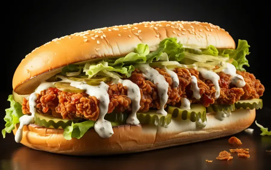 A fried chicken sub sandwich with lettuce , pickles and spicy dressing on a bun.