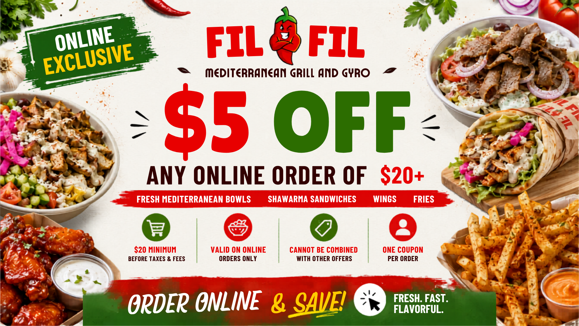 Buy any fil fil bowl or any sandwich and get the second one half off