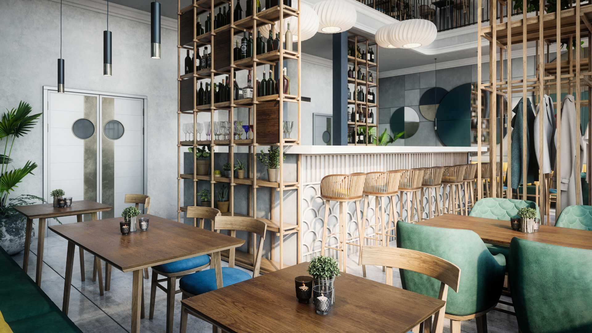 Restaurant interior with wooden tables, bar, shelves of bottles, and green chairs.