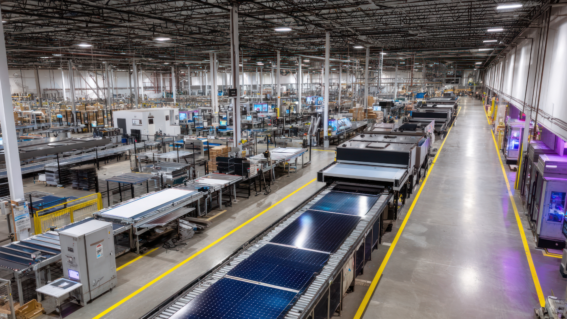 Solar panel manufacturing factory; machinery and panels on a conveyor belt, bright setting.