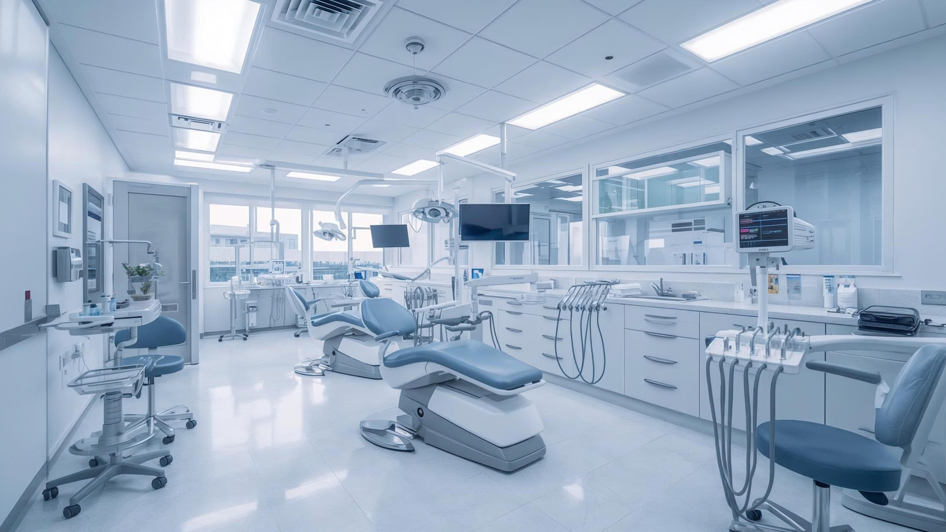 Dental office with several patient chairs, equipment, and bright lighting.