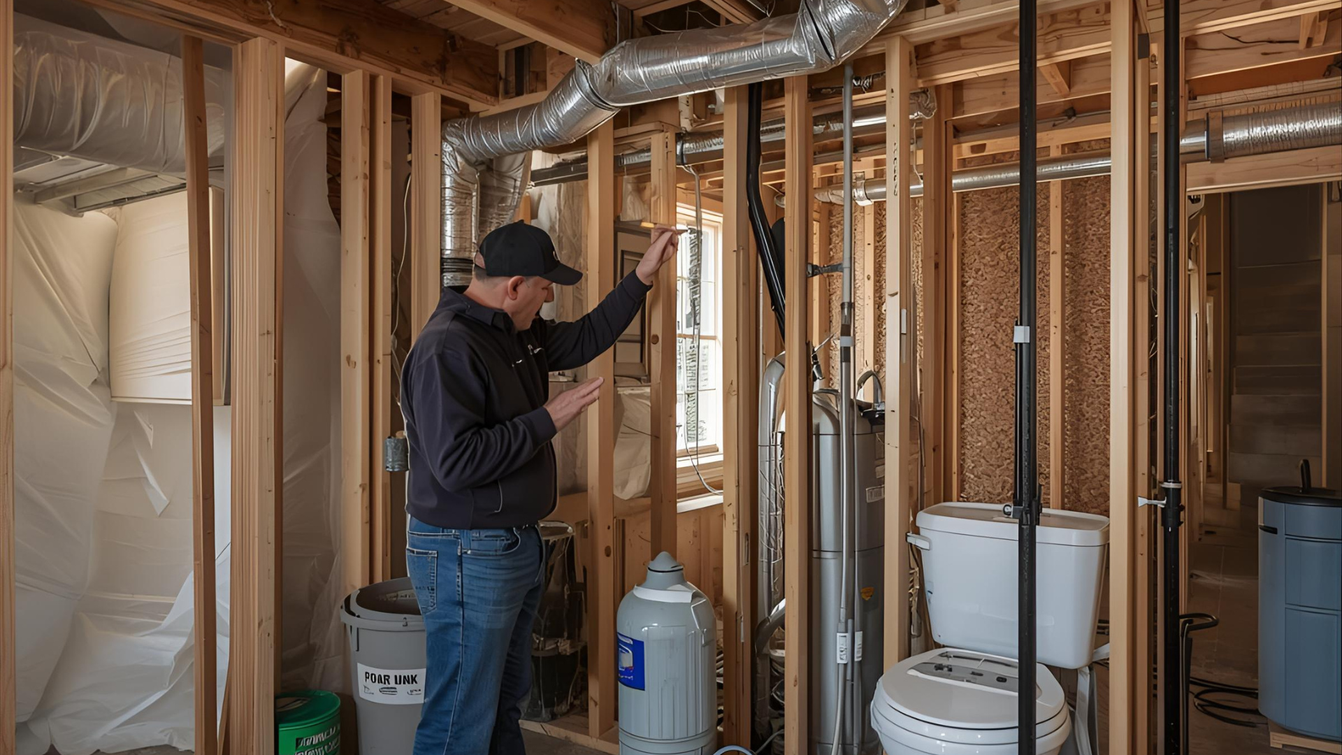Man inspecting plumbing in a bathroom under construction with exposed wooden framing and ductwork.