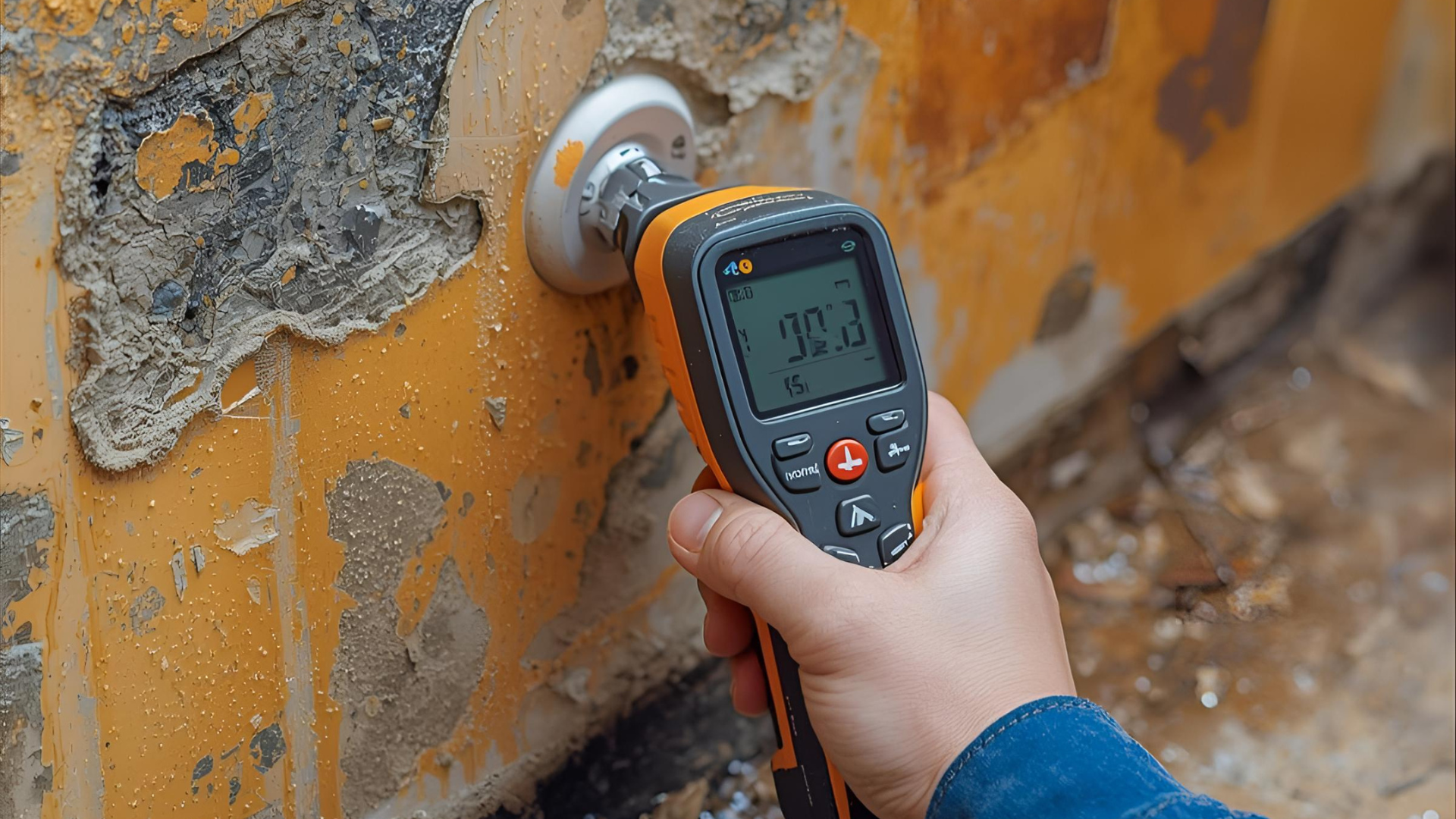 A person using a moisture meter on a damaged wall, showing a reading of 30.2.