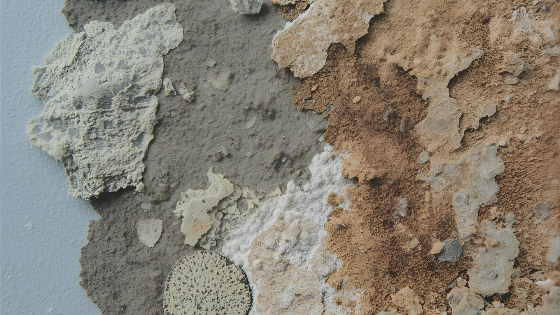 Close-up of peeling paint on a wall; beige, brown, and grey textures with visible layers.