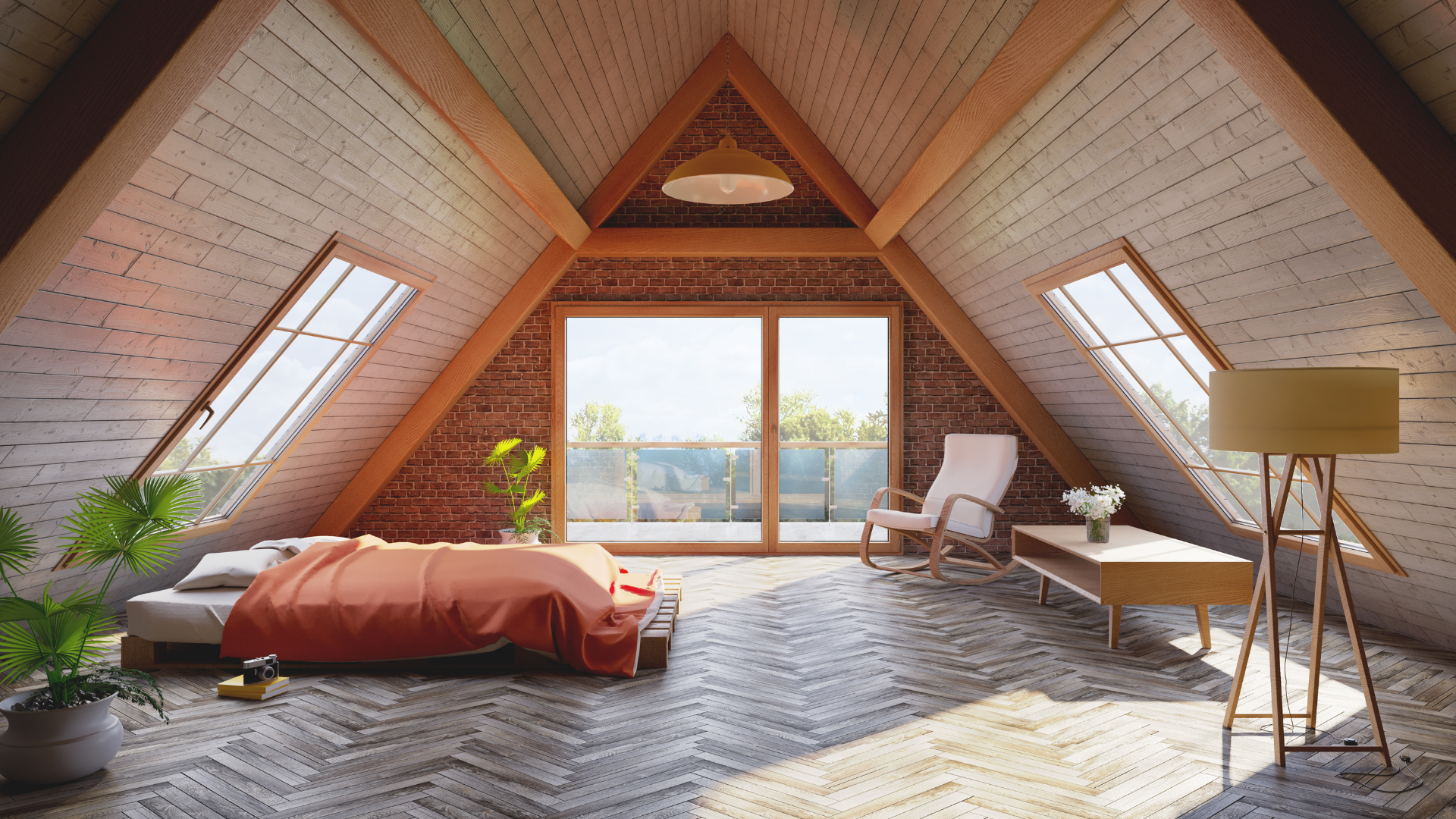 Attic bedroom with angled ceiling, skylights, wood beams, bed with orange comforter, and large window to balcony.