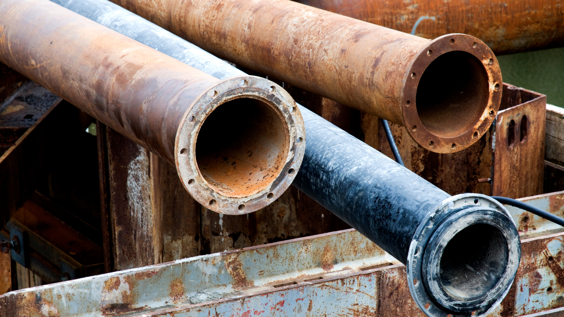 Rusty metal pipes with flanged ends, piled together.
