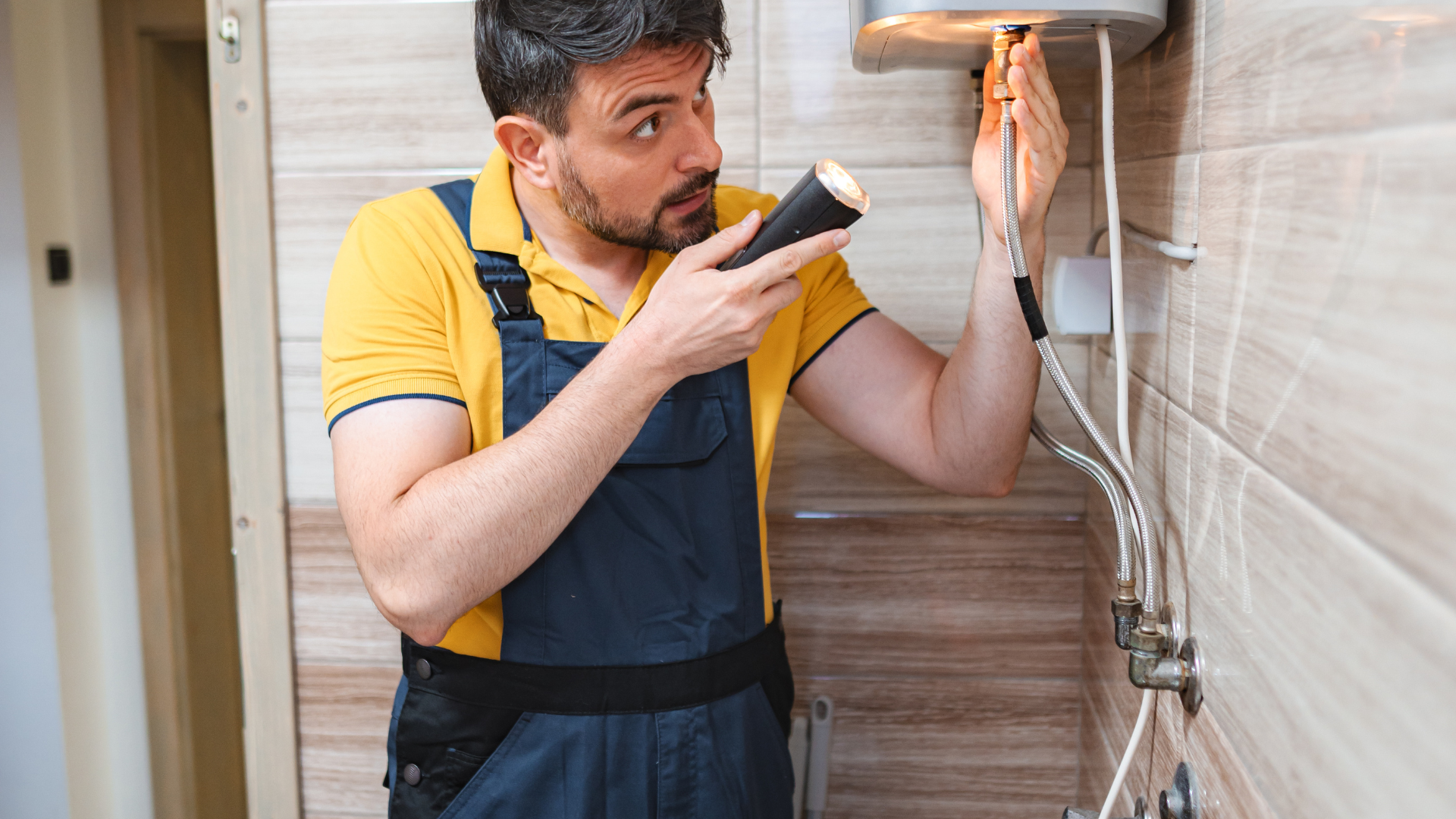 Man in overalls, holding a flashlight, inspecting a water heater in a tiled bathroom.