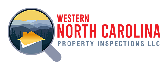 Logo for Western North Carolina Property Inspections LLC featuring a magnifying glass with a house and mountain scene.