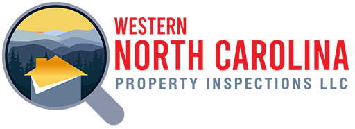 Logo for Western North Carolina Property Inspections LLC featuring a magnifying glass with a house and mountain scene.