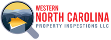 Logo for Western North Carolina Property Inspections LLC featuring a magnifying glass with a house and mountain scene.