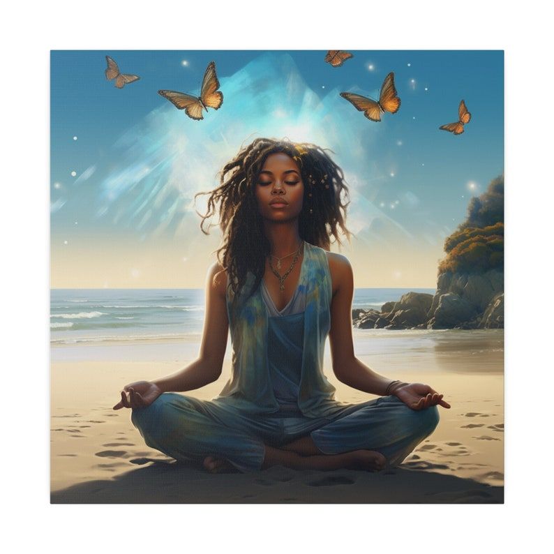 Matte Canvas - Black Goddess Meditating on Beach, Stretched, 0.75