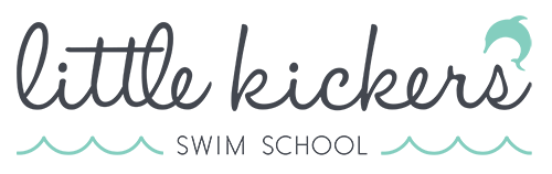 Logo for Little Kickers Swim School with teal dolphin and waves.