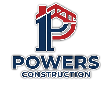 Logo for Powers Construction, featuring a red roof combined with a dark blue letter P, followed by the company name.