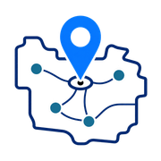 Blue location pin over a network map outline with connected nodes and lines