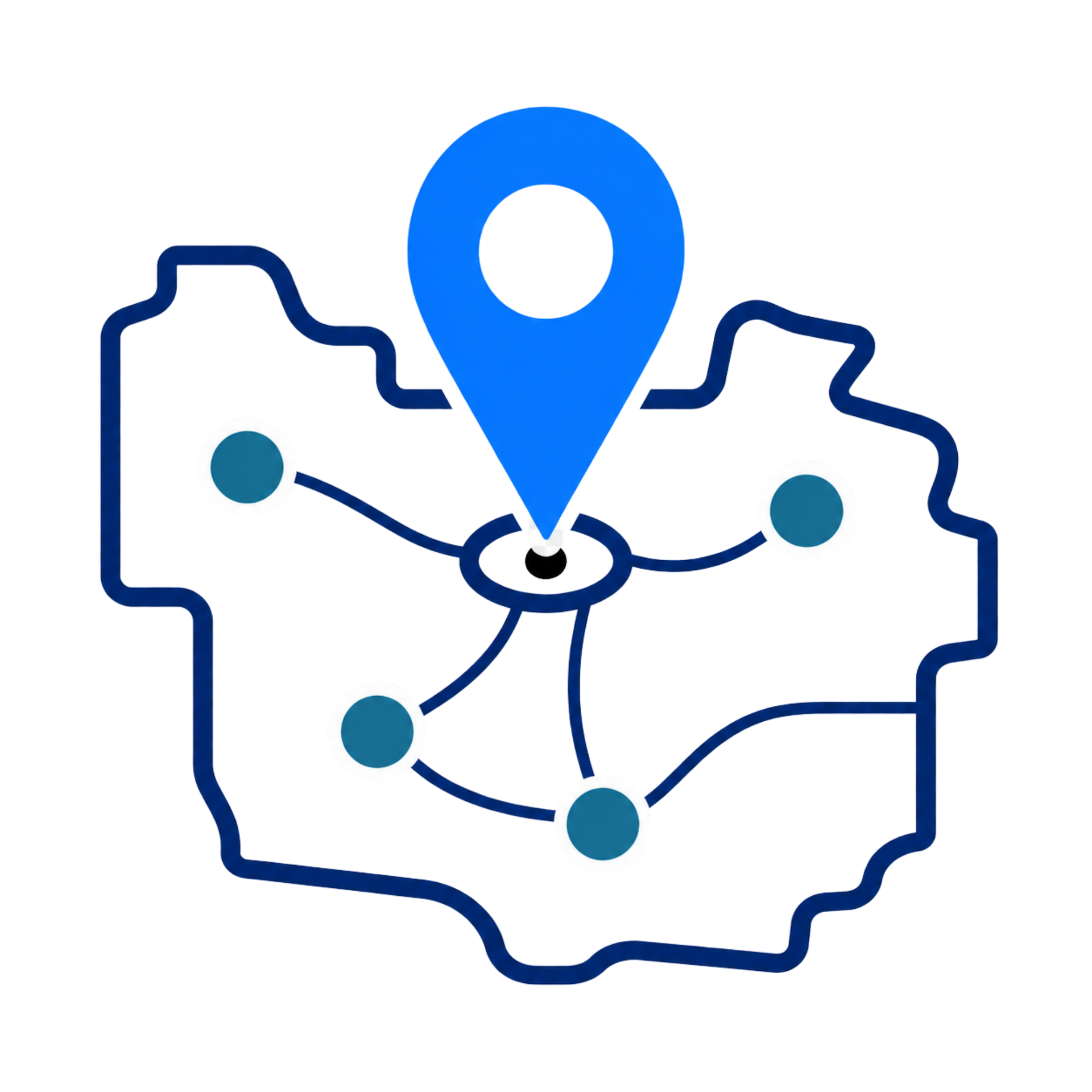 Blue location pin over a network map outline with connected nodes and lines