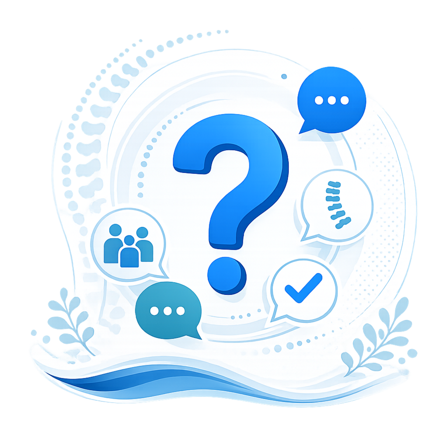Blue question mark with chat, people, speech, and check icons on a light abstract background
