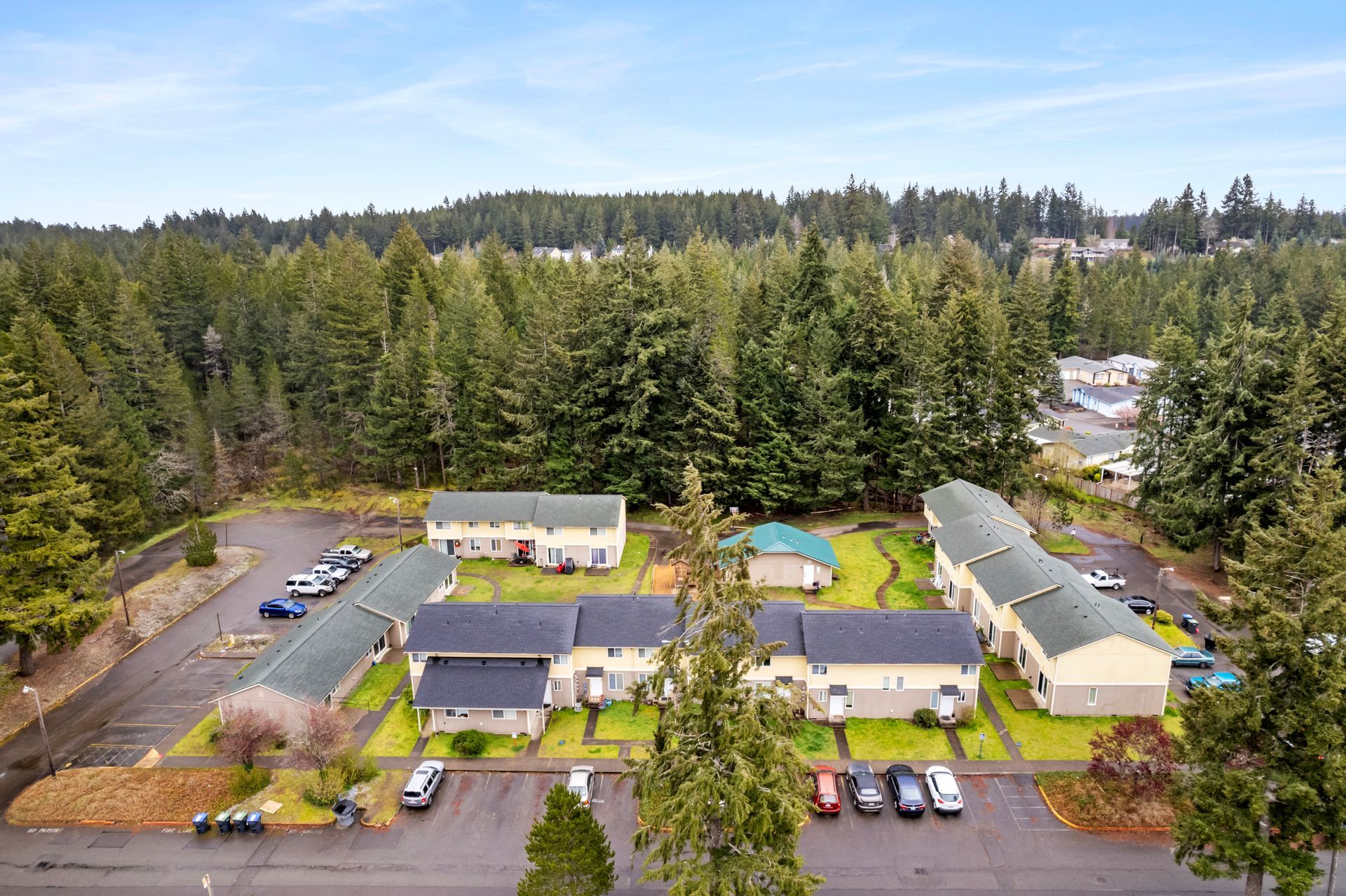 Aerial view of multiple-unit buildings surrounded by dense green trees and parked cars.