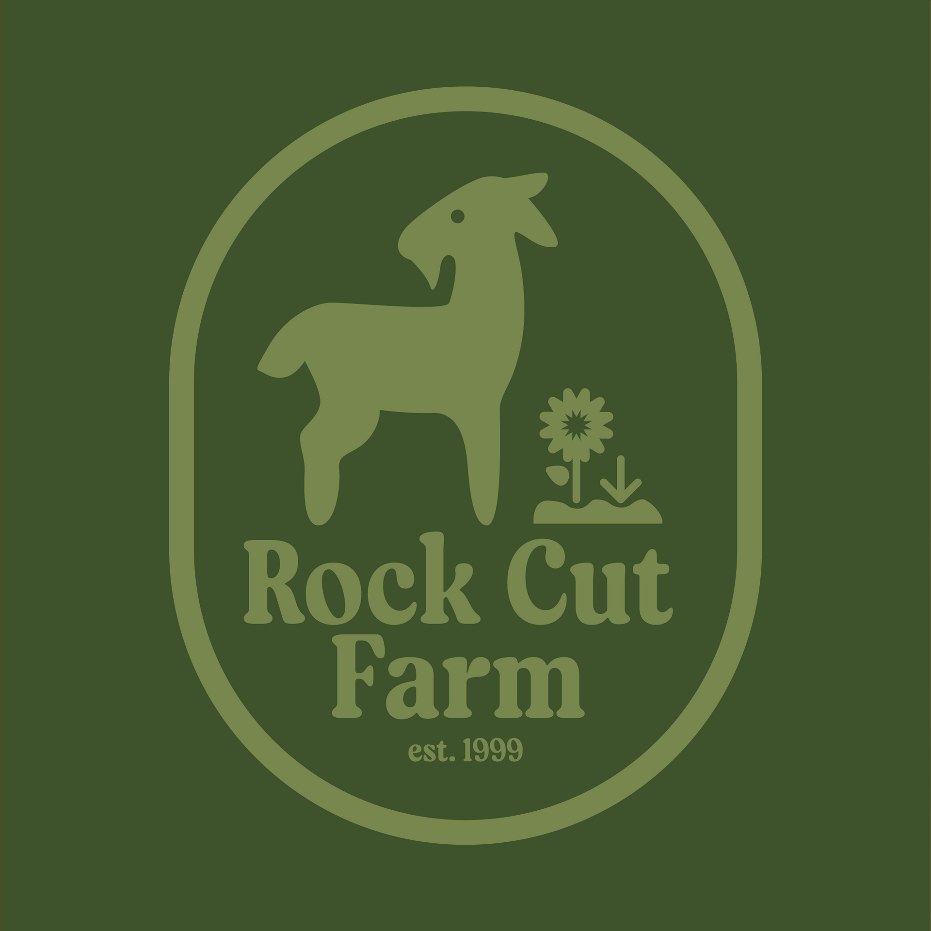 A logo for rock cut farm with a goat and flowers