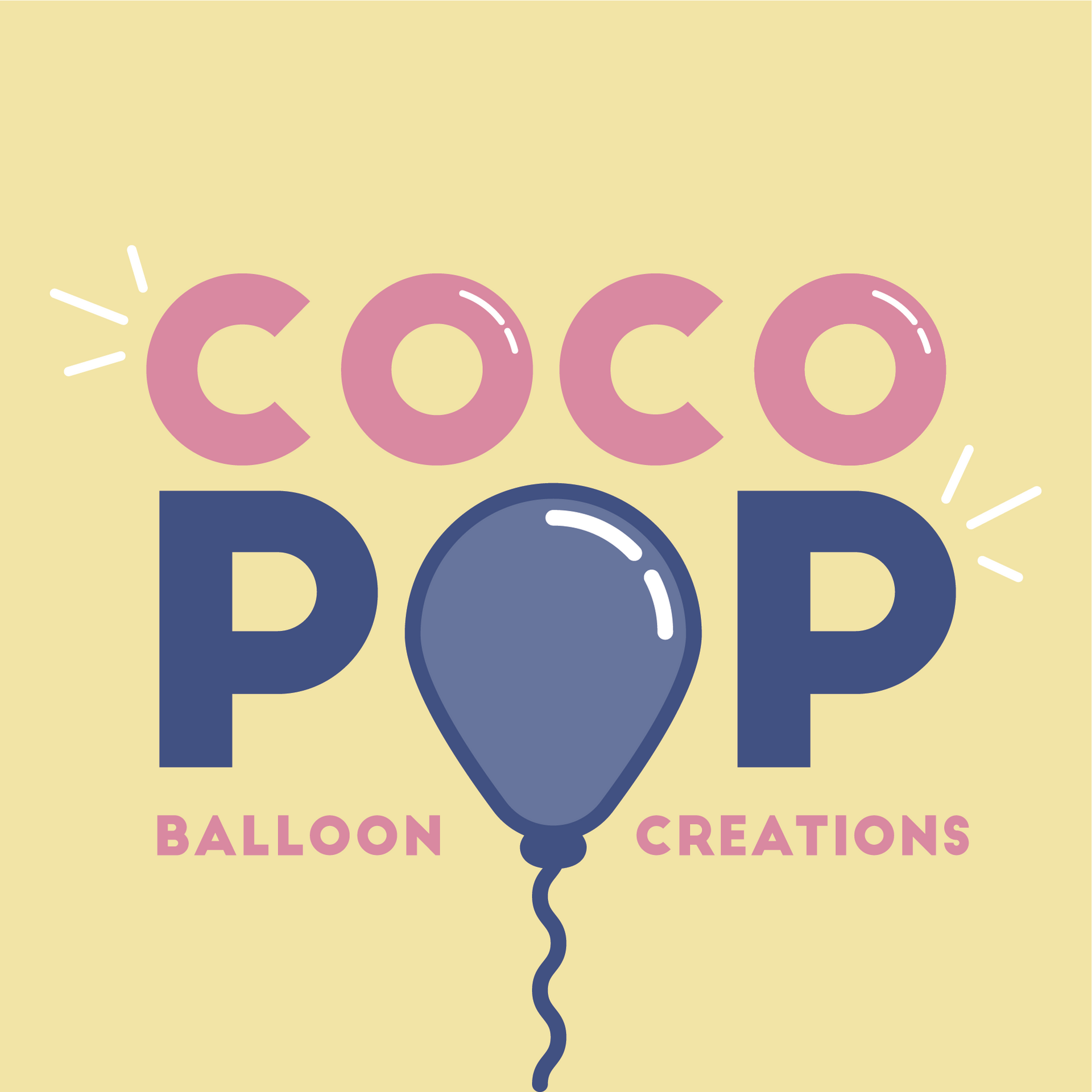 A logo for coco pop balloon creations with a purple balloon on a yellow background.