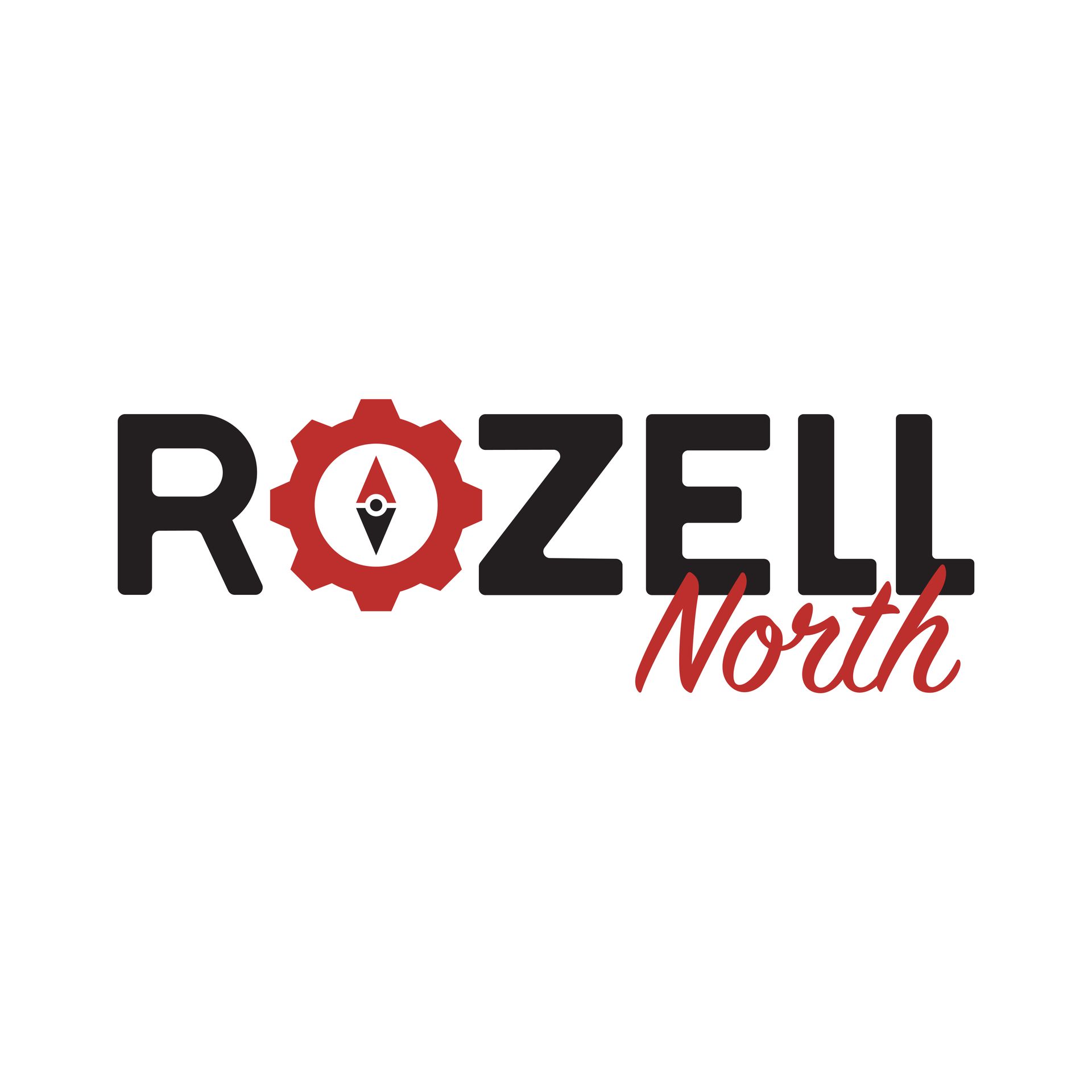 The logo for rozell north is black and red with a compass in the middle.