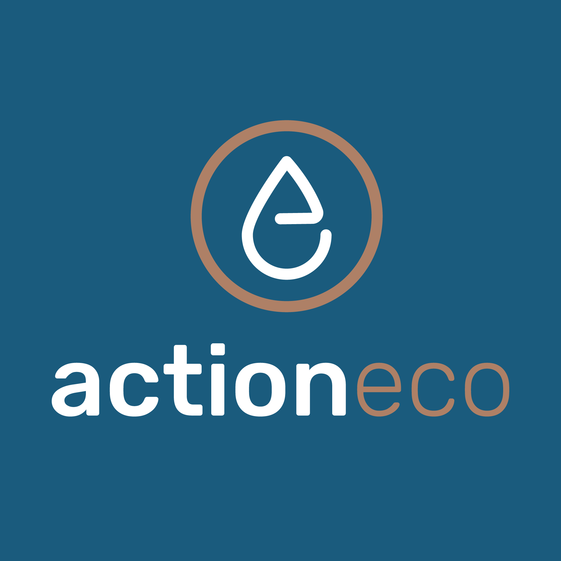 A logo for actioneco with a drop of water in a circle on a blue background.