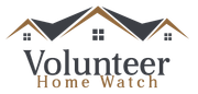The logo for volunteer home watch shows a house with a mountain in the background.