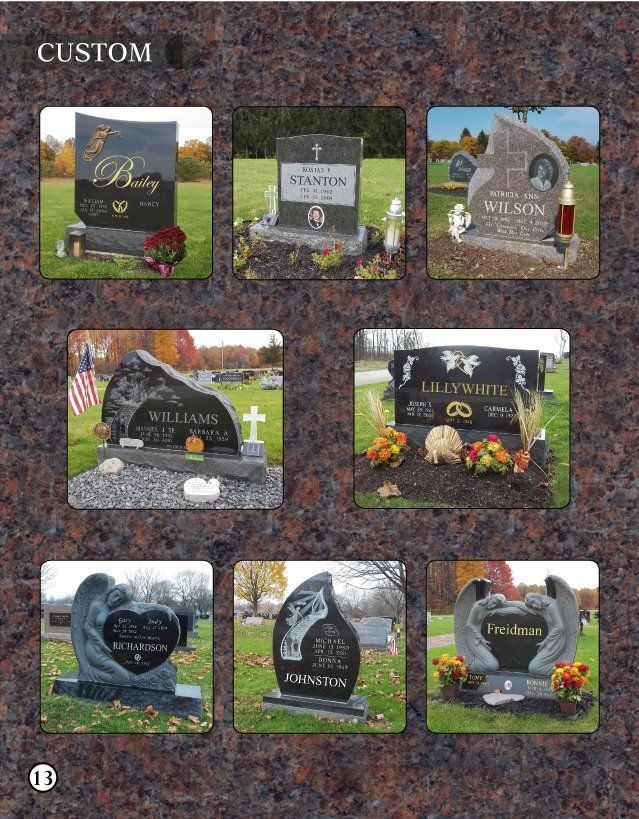 A collage of pictures of graves with the word custom at the top