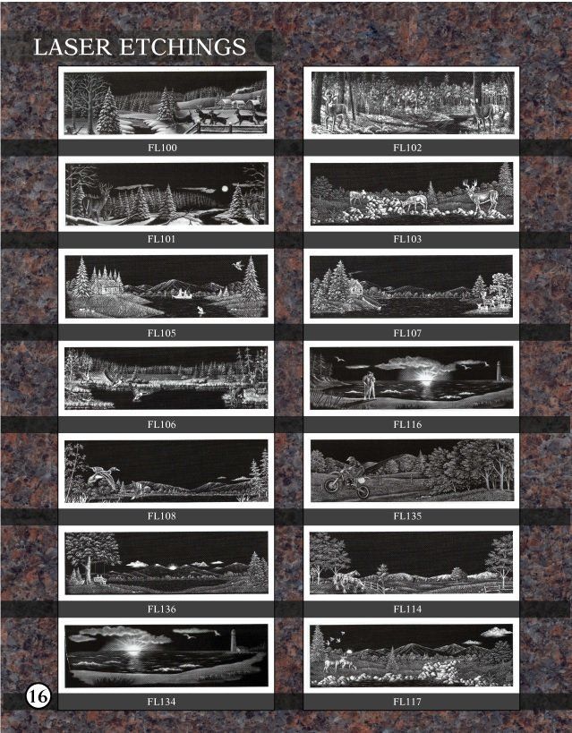 A page of laser etchings shows a variety of landscapes