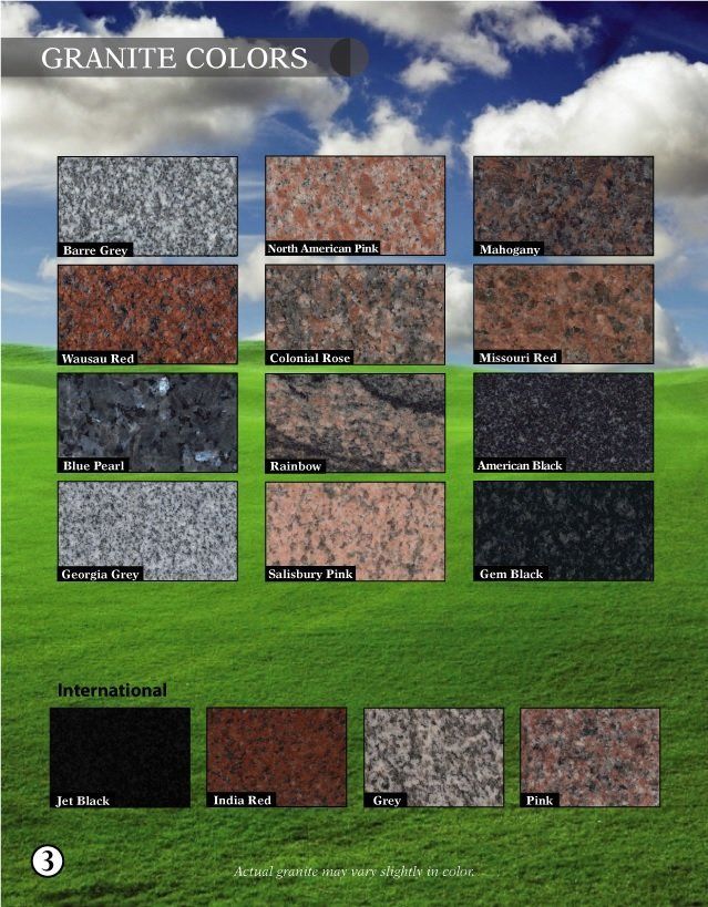 A display of granite colors including international