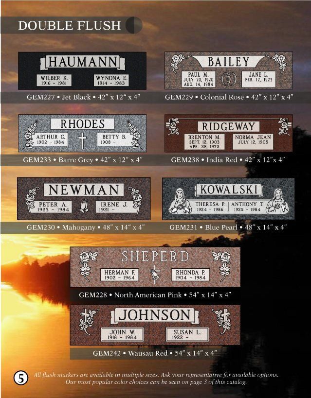 A brochure for double flush grave markers with a sunset in the background