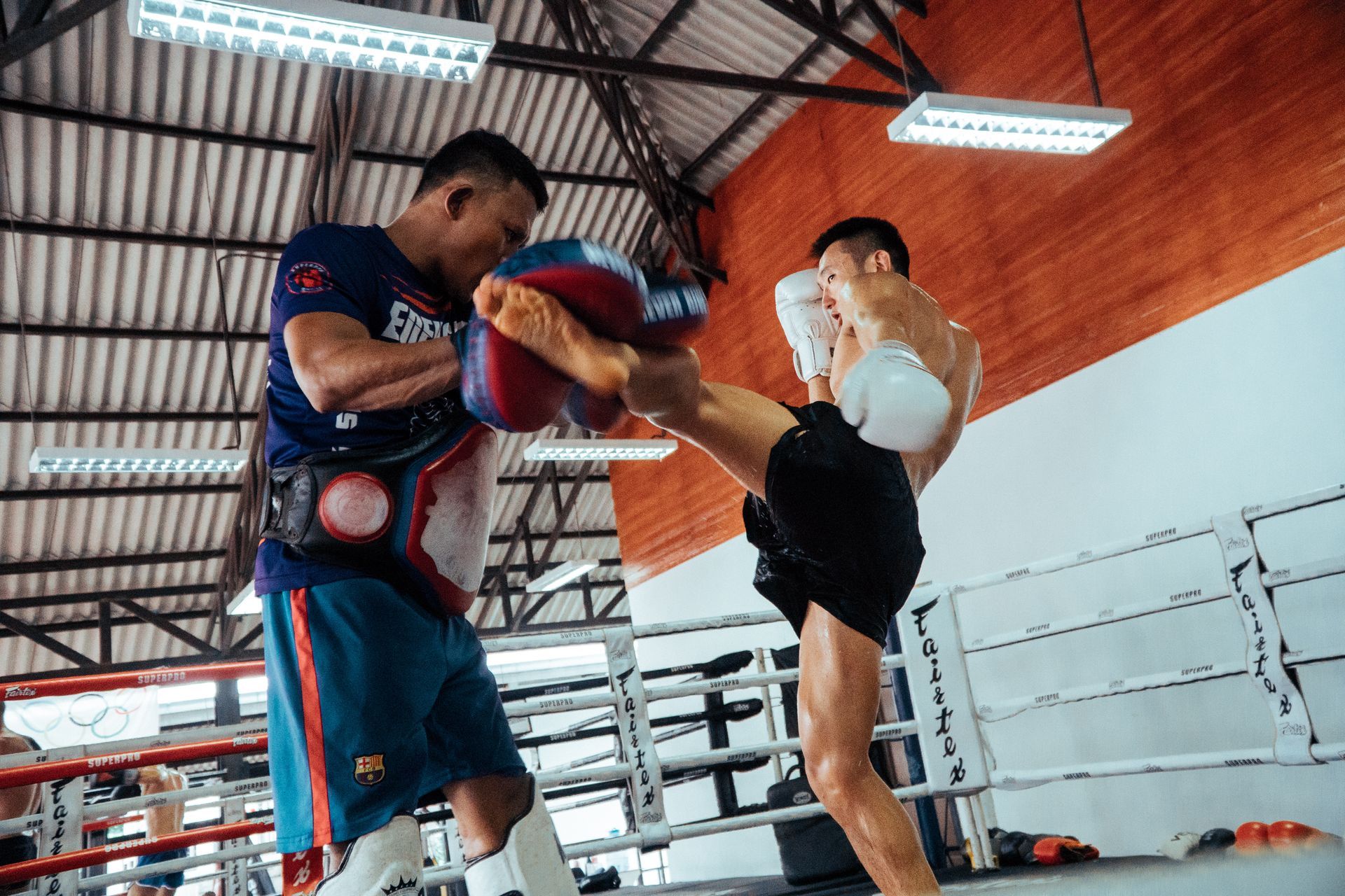 mauy thai martial arts fighter kicking pads