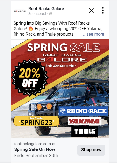 an ad for roof racks galore advertises a spring sale