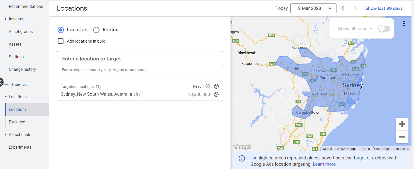 Google ads map of sydney
