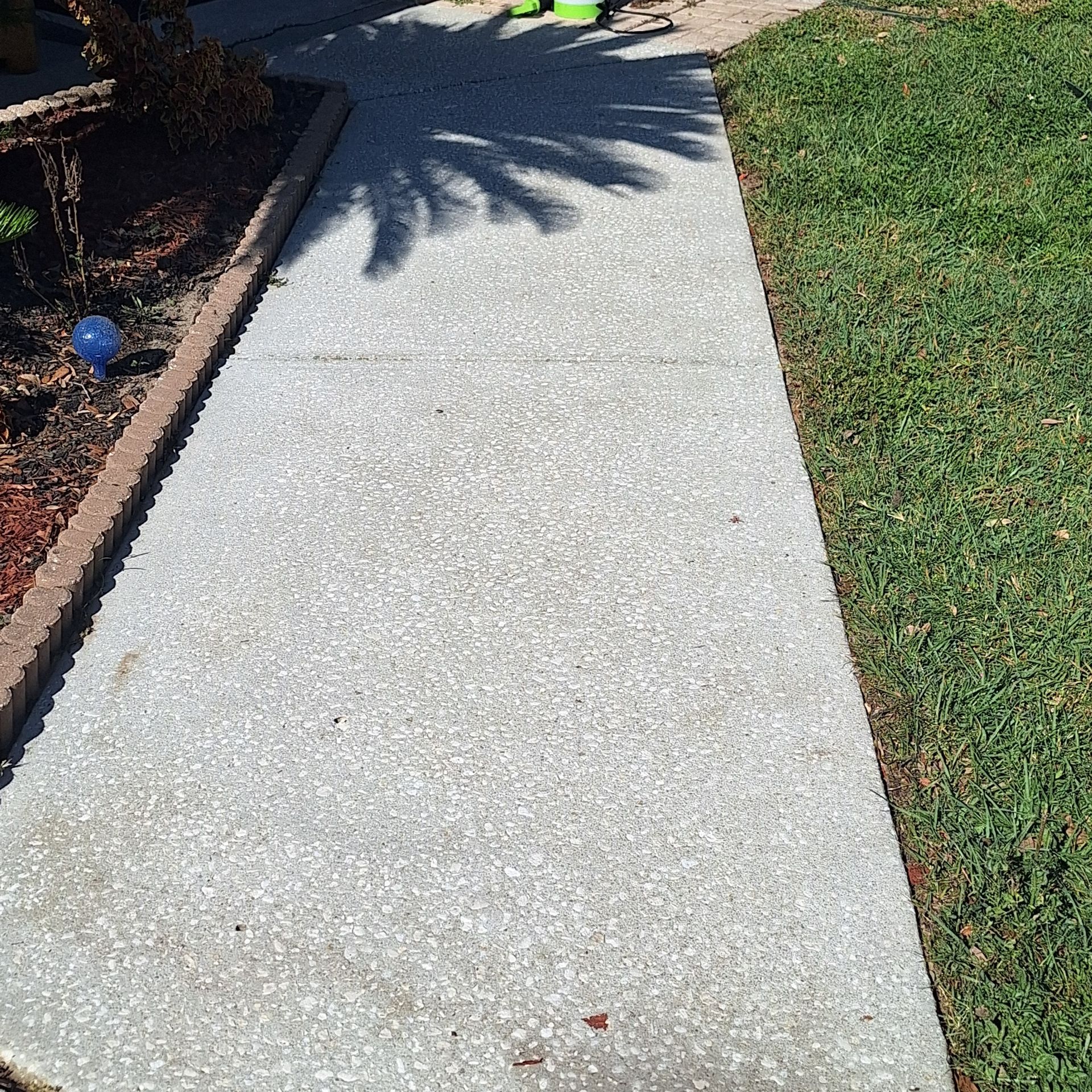 A person is walking down a sidewalk next to a lawn.