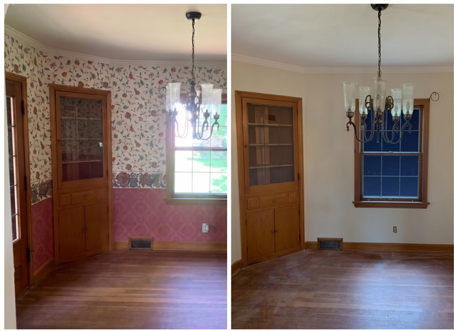 Side-by-side room makeover: floral wallpaper and red walls replaced by blue walls and wood floors.