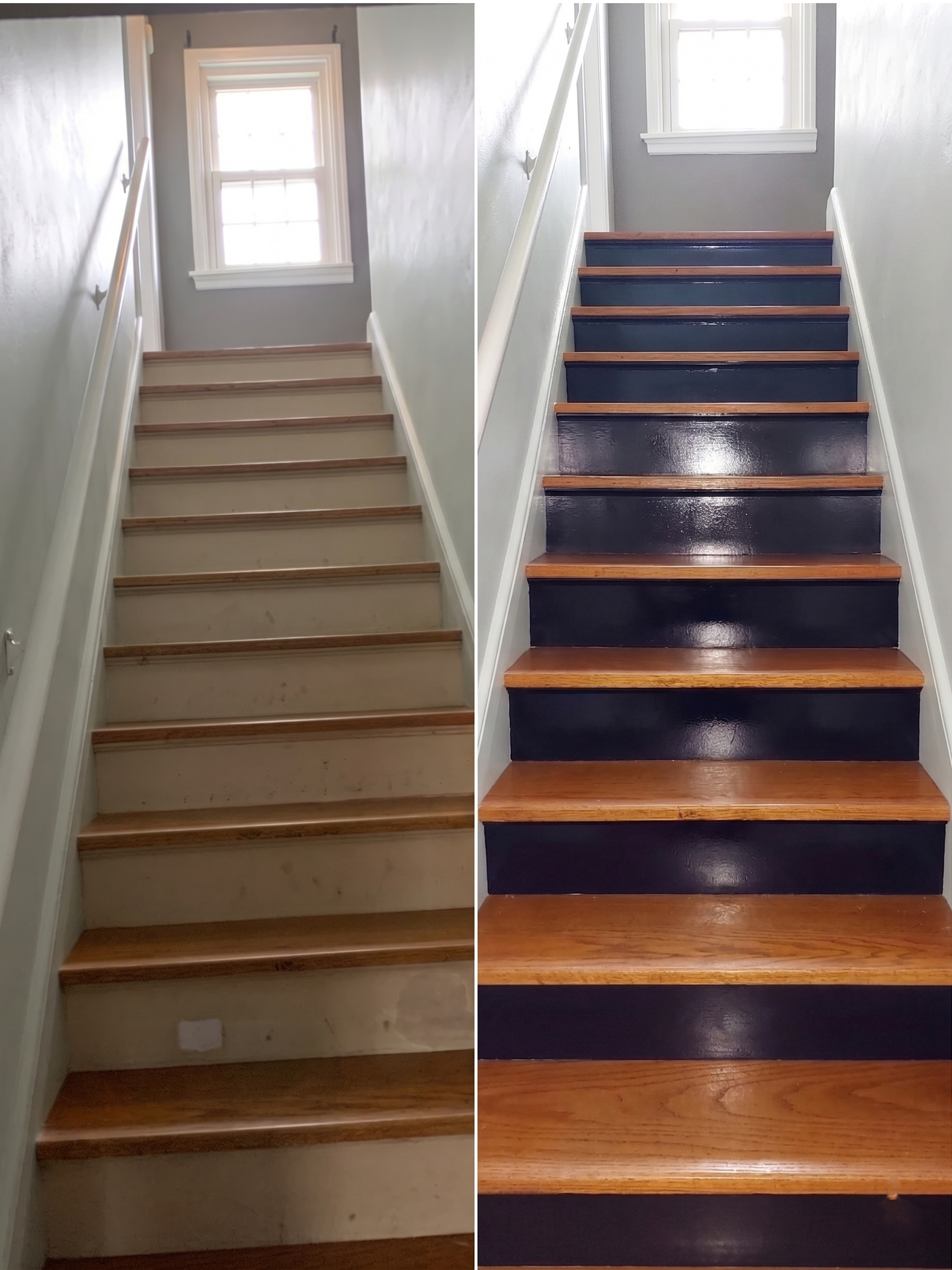 Two indoor staircases side by side, one beige and one dark blue with wood steps, lit by windows above
