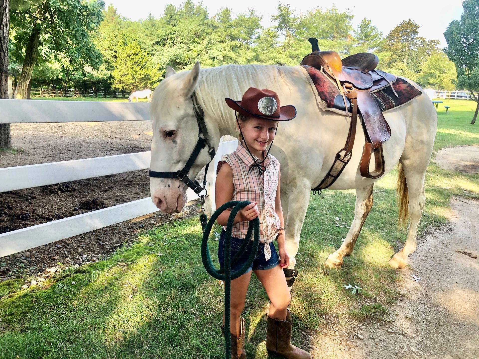 A little girl in a cowboy hat is standing next to a white horse.