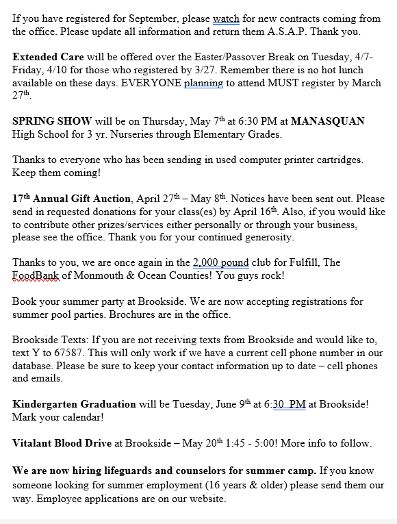 Text announcement regarding upcoming events, activities, and closures.