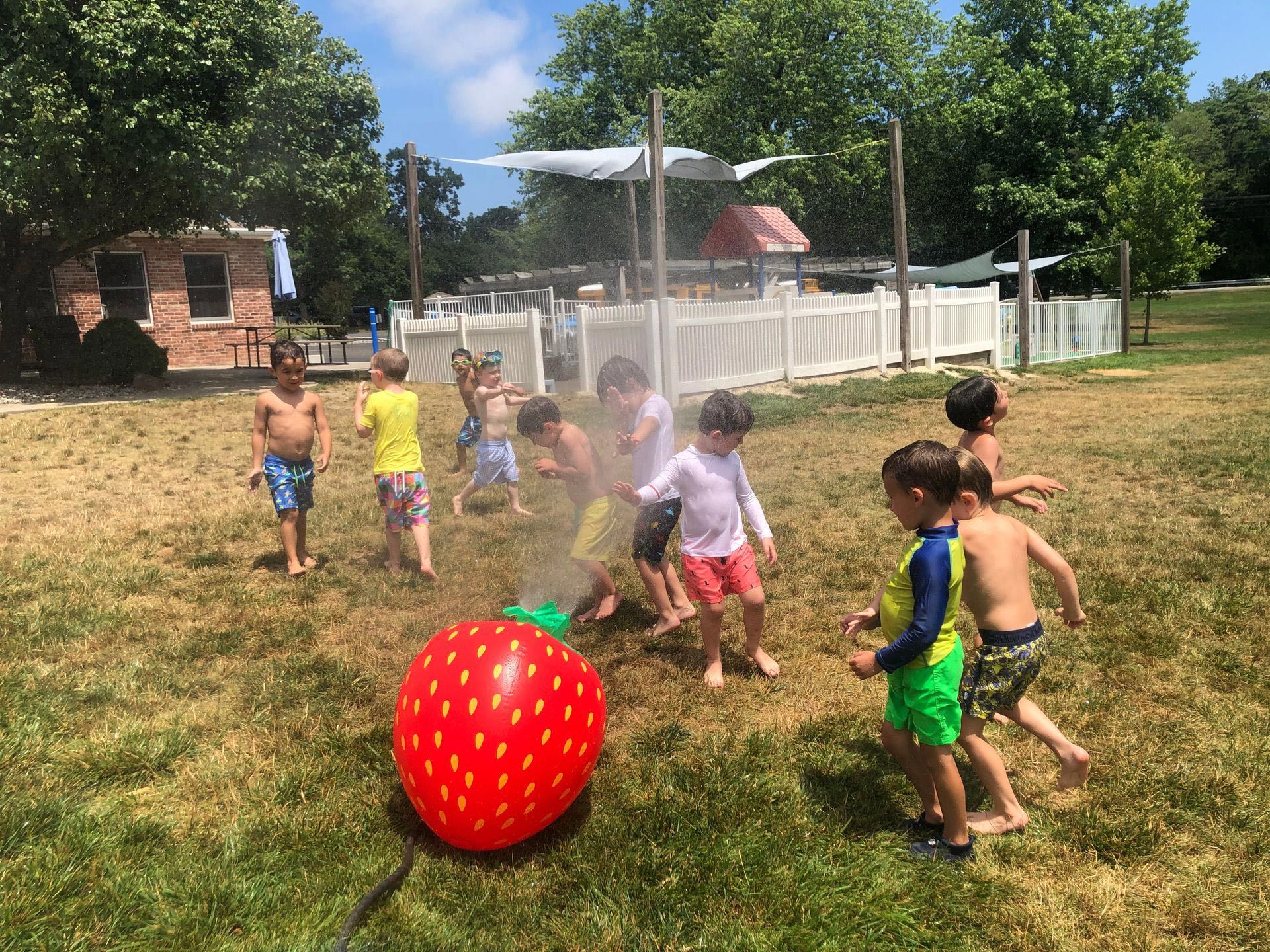 A group of children are playing with a sprinkler in a field.