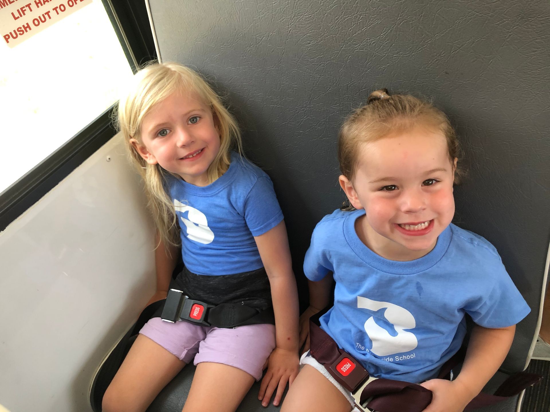 Two little girls wearing seat belts are sitting next to each other on a bus.